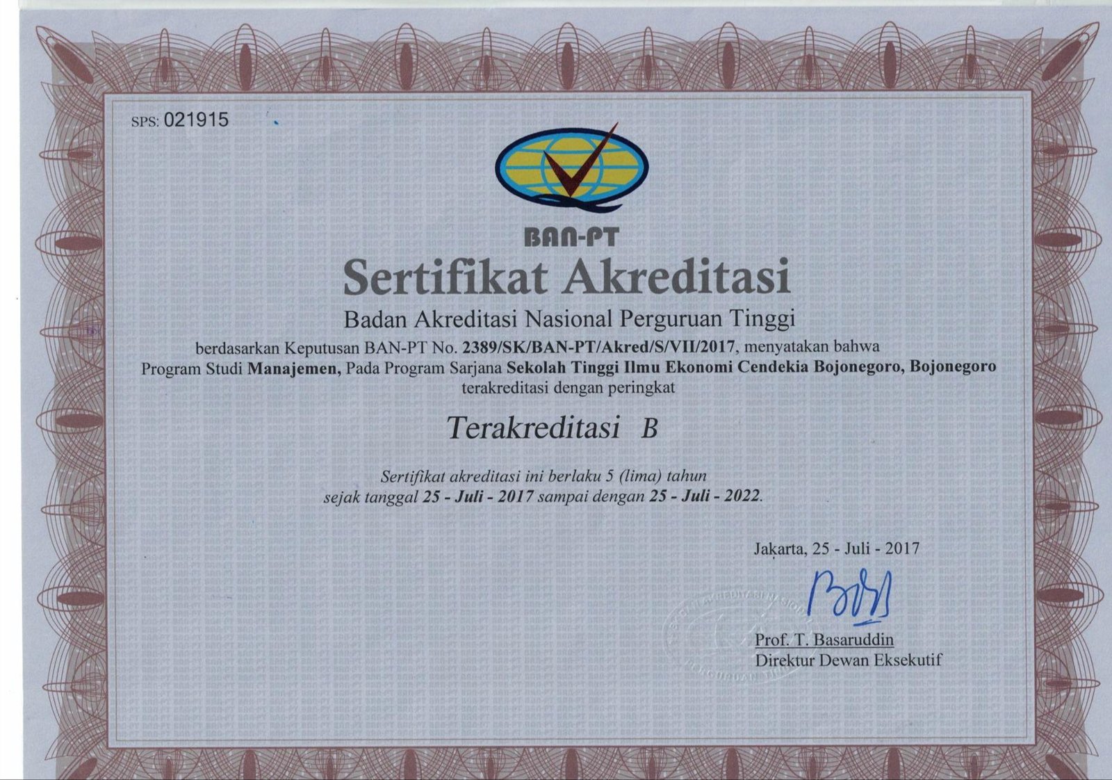 Sertifikat Akreditasi B