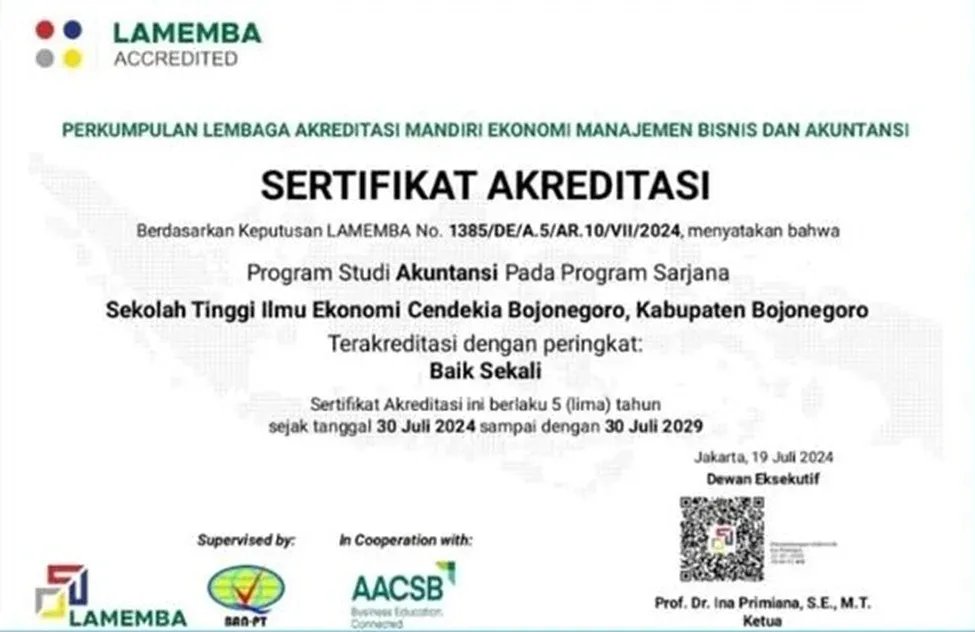 Prodi Akuntansi STIE Cendekia Bojonegoro Raih Akreditasi “Baik Sekali” dari LAMEMBA