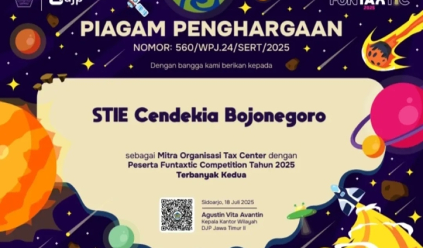 Tax Center STIE Cendekia Bojonegoro berhasil meraih Penghargaan Mitra Organisasi Tax Center dengan jumlah peserta terbanyak kedua dalam FunTaxTic Competition 2025